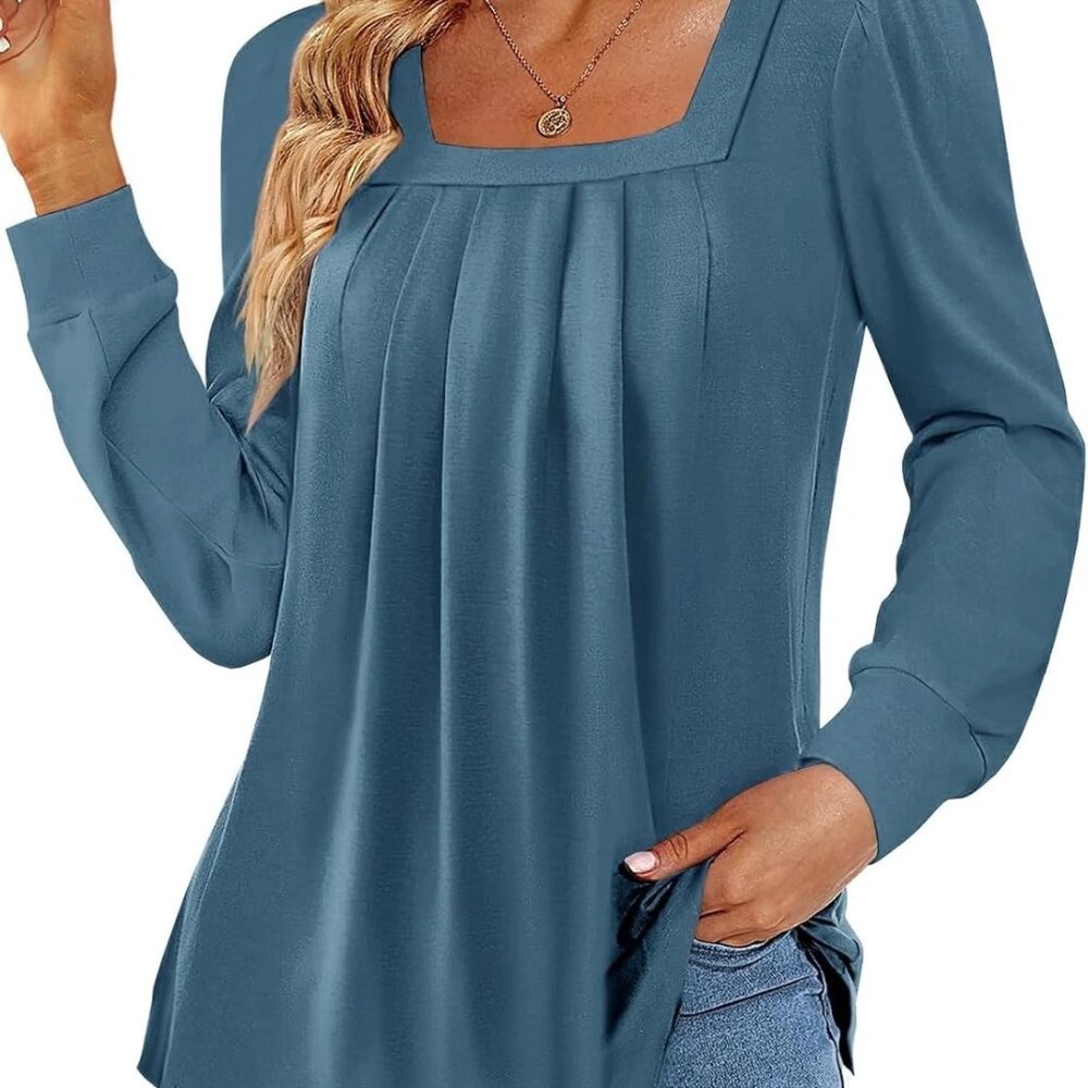 Classic Womens Tunic Top Square Neck Long Sleeve Stretchy FaroDor Collection S